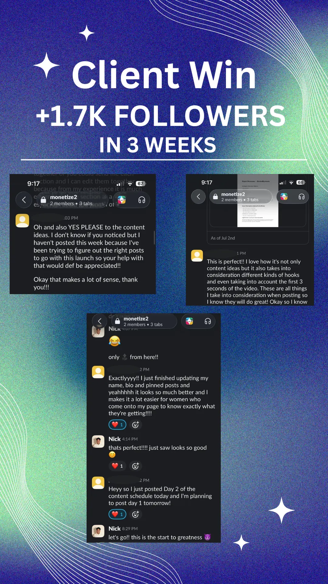 Client win: +1.7K followers in 3 weeks with content ideas and hooks