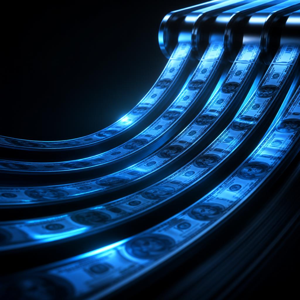 Blue cash flowing like a money printing machine
